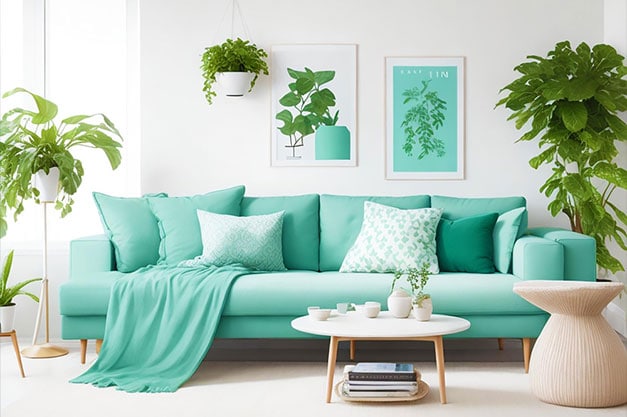 tyrkysova sedacka v kombinacii s bielym interierom